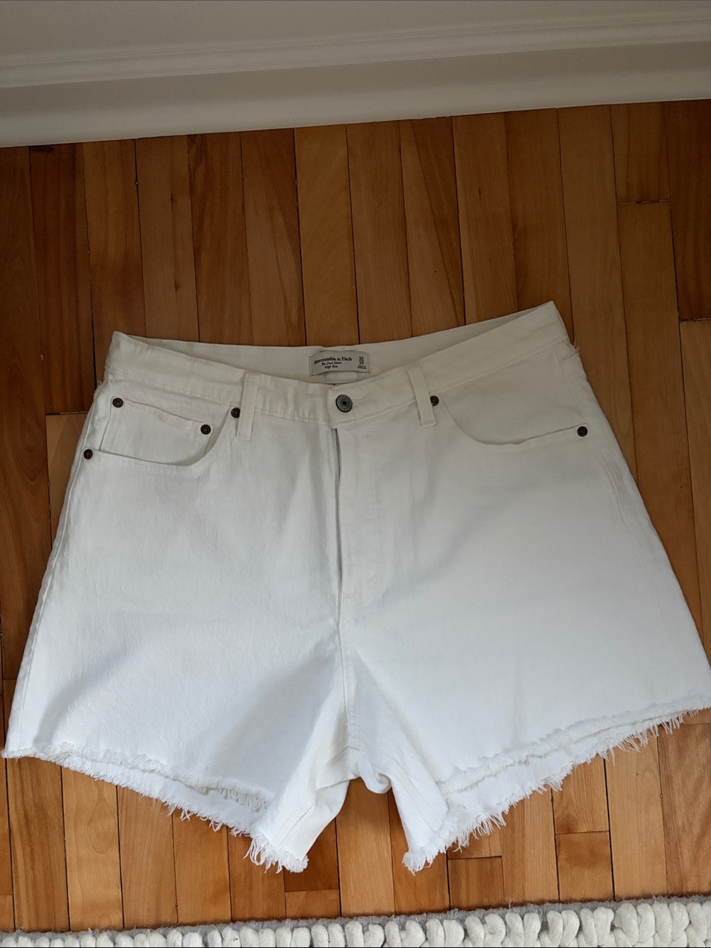Abercrombie & Fitch White Denim Frayed Hem High-Rise Shorts